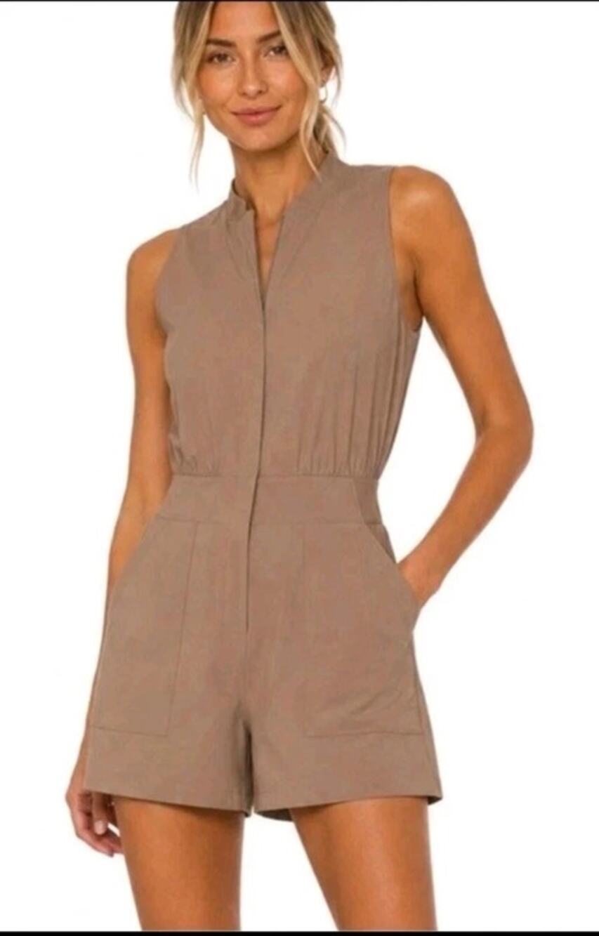 Athleta Brooklyn Zip Up Sleeveless Casual Utility Romper Brown 6